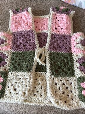 Handmade Crochet Children's Vest in Pink, Green & Cream